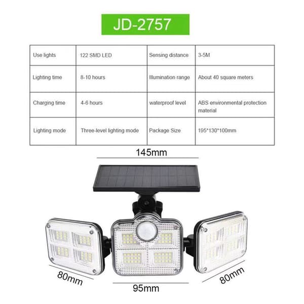 Utendørs solcellelampe med bevegelsessensor, 122LED IP65 vanntett Se