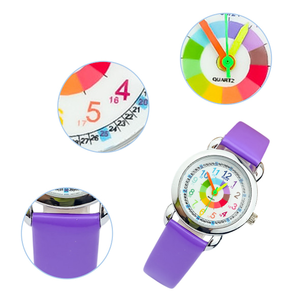 Barn lär sig simulera klockor, flickor och pojkar simulerar klockor, barns tidundervisningsklockor, 8-12 år gamla barn lär sig klockan purple