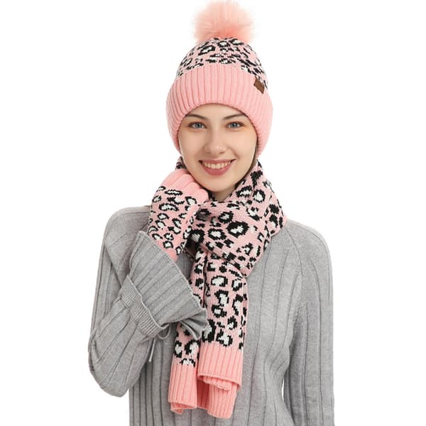 Vinterleopardmönstrad stickad mössa Lång halsduk och pekskärmshandskar tredelad varm tjock mössa Pink