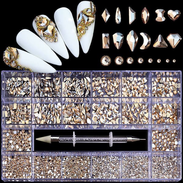 Neglekunst Rhinestones Sæt 2500 stk, 3D Mix Neglekunst Rhinestones Crys