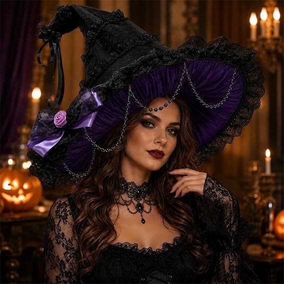 Halloween spids heksehat, gotisk flæset blondeheksehat, velegnet til Halloween fest makeup dans, rollespilskostumer osv. lilla purple