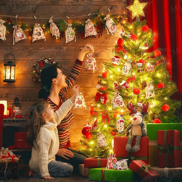 kalenderpose Dekorativ hængende lille stofpose, kalender linnedpose, julegavepose, stjerne elg julepose