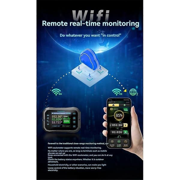 WiFi Coulomb Meter RV Batterimonitor Batterikapacitetsindikator Tester Strøm Volt-Amperemeter til Alle Batterier 0-100A