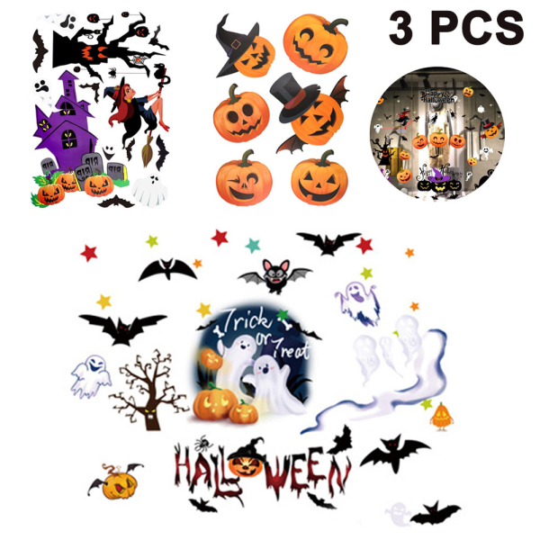 3 sets Halloween Window Stickers Bat Cat Witch Ghost Pumpkin