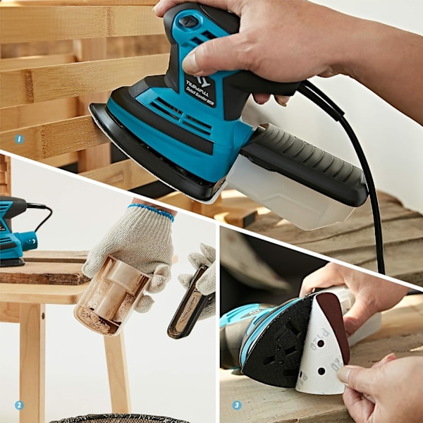 Tilswall 200W Excenterslip 15000 RPM Professionell Detaljslip med 1,6 mm Orbitaldiameter, Dammuppsamlingssystem, 12 st Slippapper för