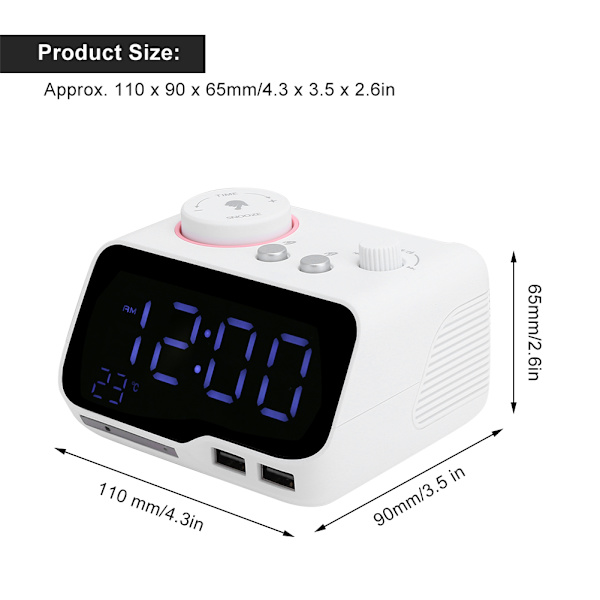 Digital väckarklocka med dubbla alarm, justerbar ljusstyrka, FM-radio, insomningstimer, USB-laddning, termometerdisplay för sovrum och vardagsrum