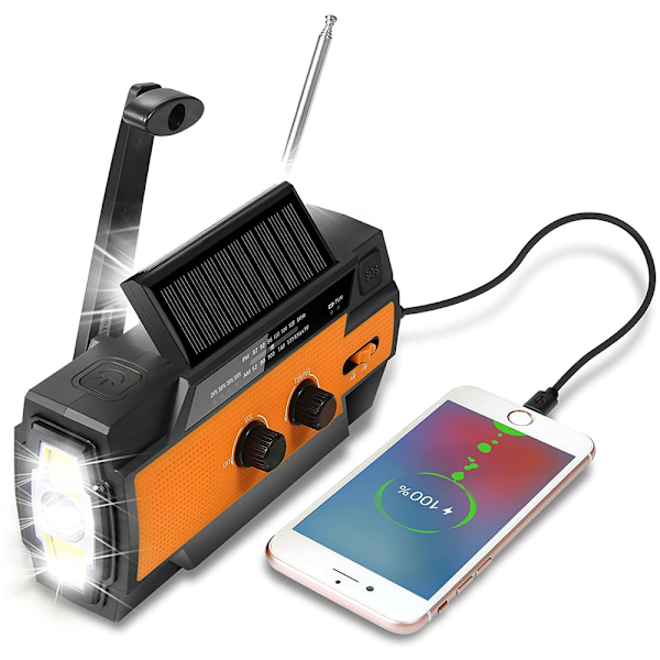 Solradio AM/FM Vevradio Portabel USB Uppladdningsbar Nödradiotelefon med 2000mAh Powerbank, LED-ficklampa, SOS-larm och Handvevsdynamo för
