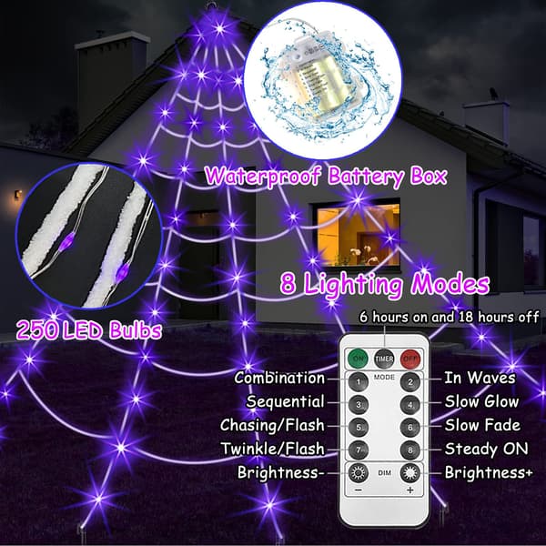 Halloween-dekorasjon - 5M spindelvev, utstyrt med et lilla 250LED-lys og edderkopp, egnet for hjem og hage