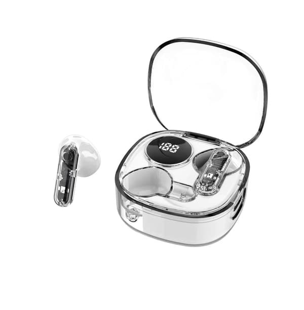 MAX20 Hvite Gjennomsiktige Trådløse Bluetooth-ørepropper med Digitalt Display Ladeetui, In-Ear Design