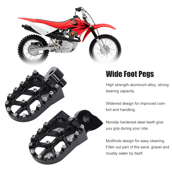 Fotstöd för Dirt Bike, breddad plattform, aluminiumlegeringsmaterial för överlägsen halkskyddskontroll, CNC-process med stålfotpinnar, högkvalitativ anodisering