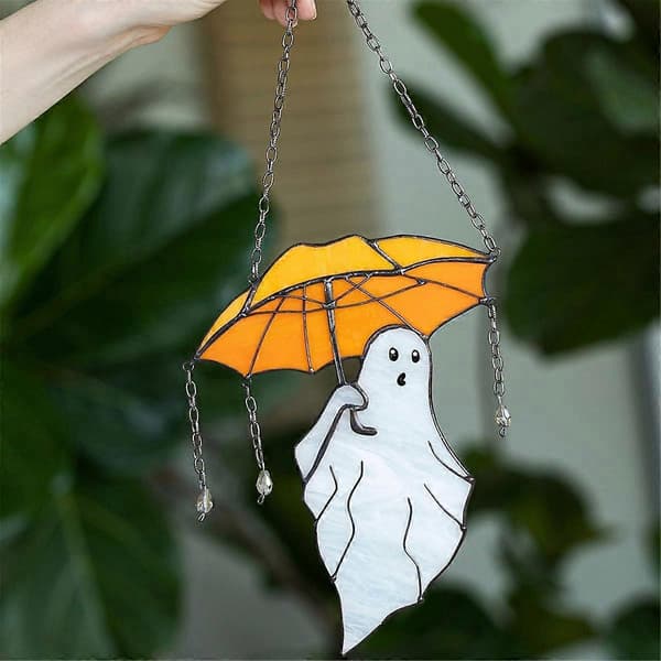 Rolig Halloween-spöke med paraply, målat solfångare Halloween-dekor, väggsolfångare