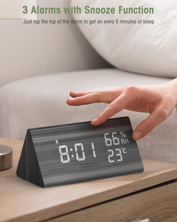 Trä Digital Väckarklocka, Digital Klocka med Snooze/Datum/Temperatur