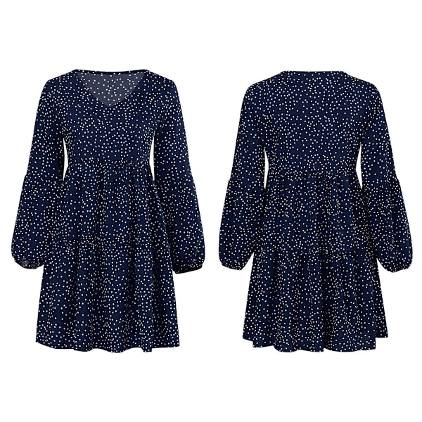 Sommarklänning för kvinnor, tunika, V-ringad, ledig, lös, böljande swingklänning D: Polka Dot Navy Large