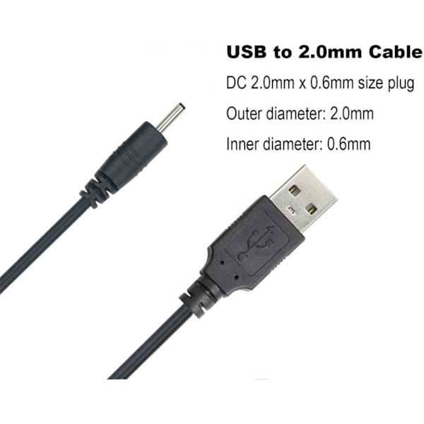 USB till DC 2,0 mm-kabel, USB 2,0 typ A-hane till DC 2,0 mm x 0,6 mm