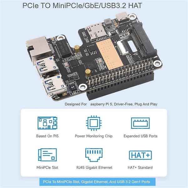 For 5 PCIe til MiniPCIe 4G Gigabit Ethernet RJ45 USB3.2 HAT+ Adapterkort PCIe til MiniPCIe GbE USB3.2 HAT+