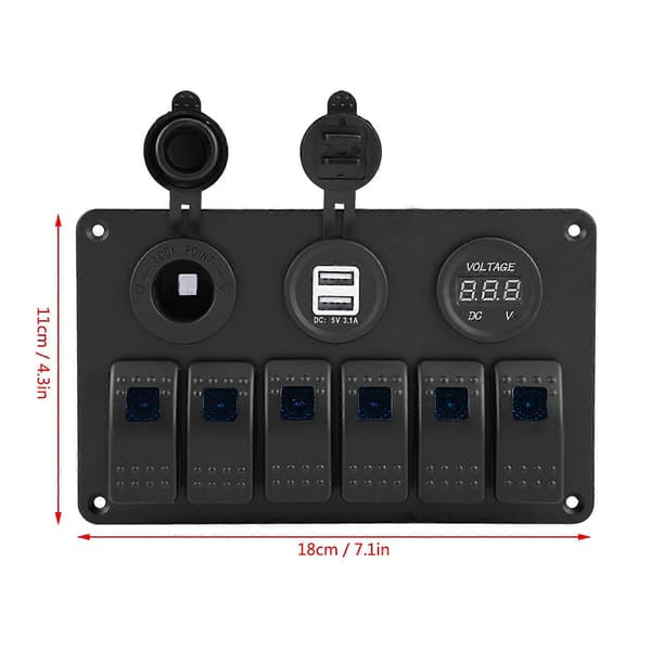 12V 24V 6-veis bilbåt LED vippebryterpanel Dobbel USB voltmeter sigarettenner blå