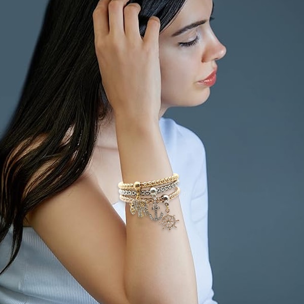 Flerlagrat Armband - 3 st Guld/Silver/Roséguld Majskedja Damarmband, Hjärtformat Stretcharmband Style 3
