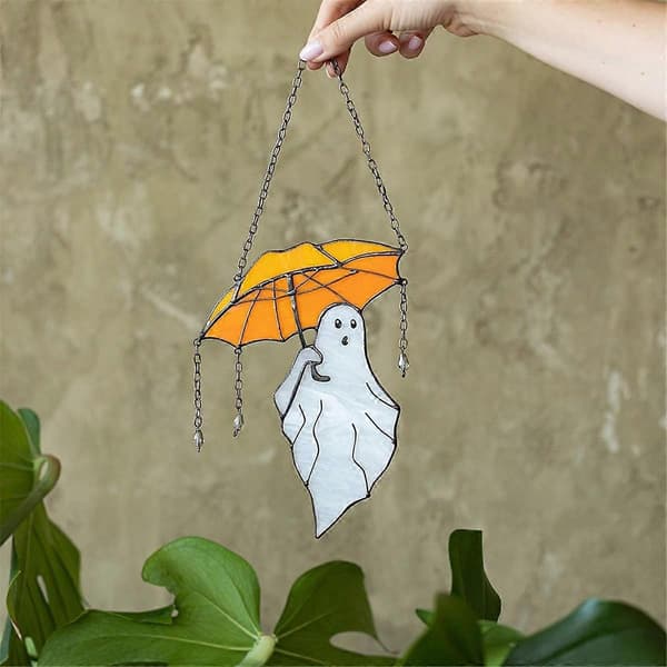Rolig Halloween-spöke med paraply, målat solfångare Halloween-dekor, väggsolfångare