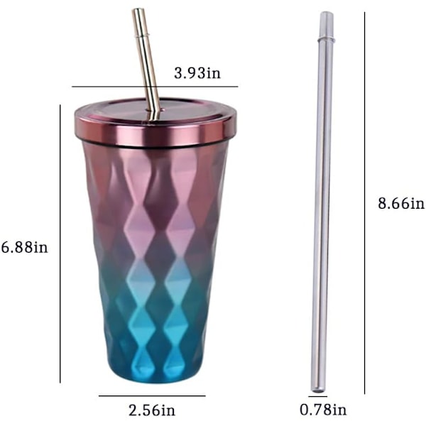 Drickmugg med sugrör rostfritt stål termisk kaffemugg för att ta med 500ml kaffekoppar för kvinnor, flickor och män