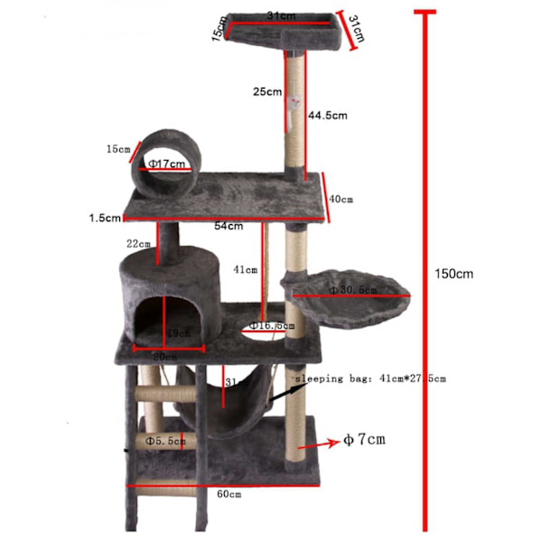 Katträd - 150cm - Klösträd / Klösmöbel Ljusgrå