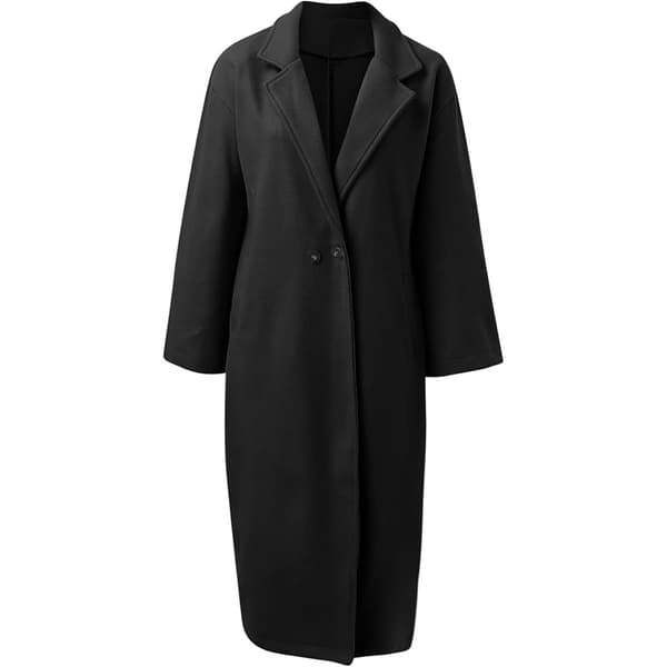 Lång vinterjacka för damer, dubbelknäppt vindjacka, elegant enfärgad ulljacka, nedfälld krage, långärmad vinterkappa, ullkappa
