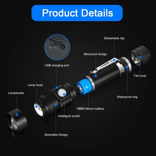 Taskulamppu, 1000 lumenia USB ladattava LED-taskulamppu, 4