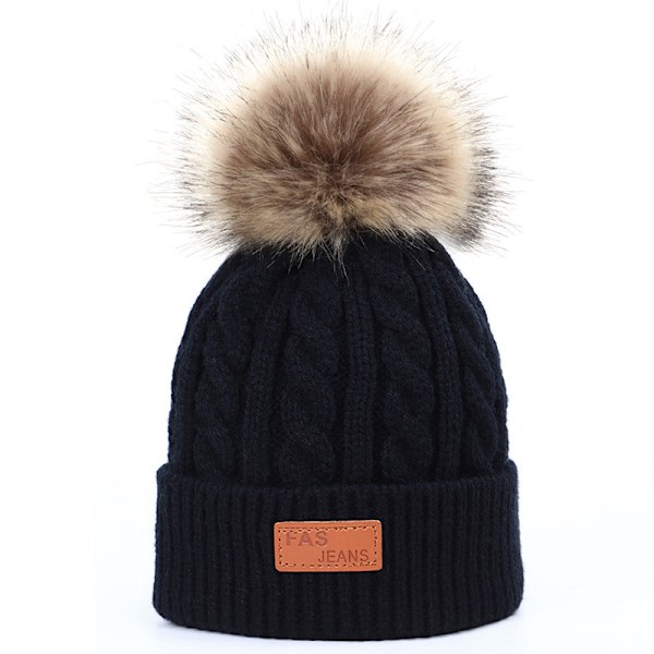 Barnmössa med Foder och Pom Pom för Barn - Slouchy Kabelstickad Mössa Skalle Mössa Baby Skidmössa för Flickor Pojkar CLT01 Black