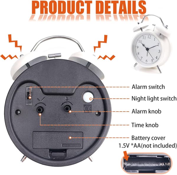 4\" Dubbel Klocka Väckarklocka Retro Tyst Sängbord Väckarklocka Batteri