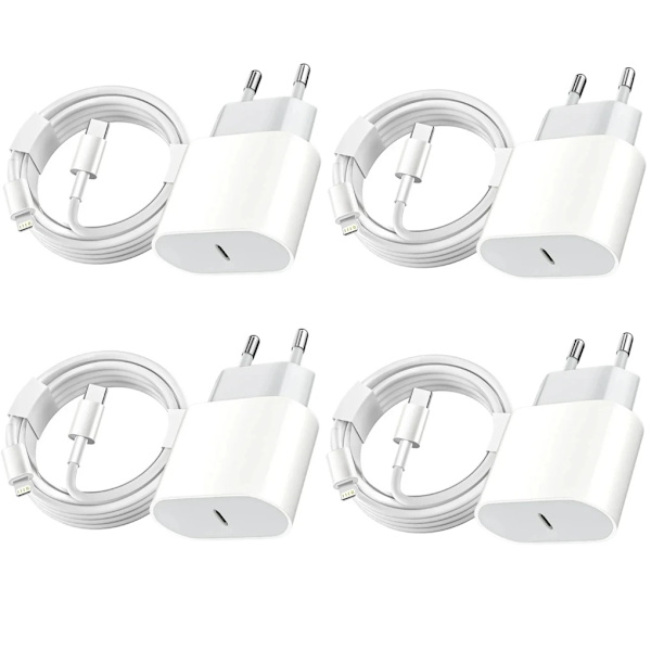 4-pak Oplader til iPhone + USB-C 20W Hurtig Oplader Hvid