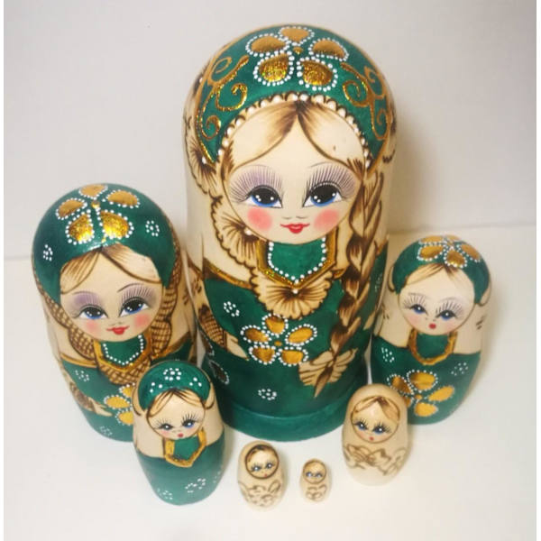 7 st. Gröna Tröja Ryska Flickor Nesting Dolls Matryoshka Leksaker