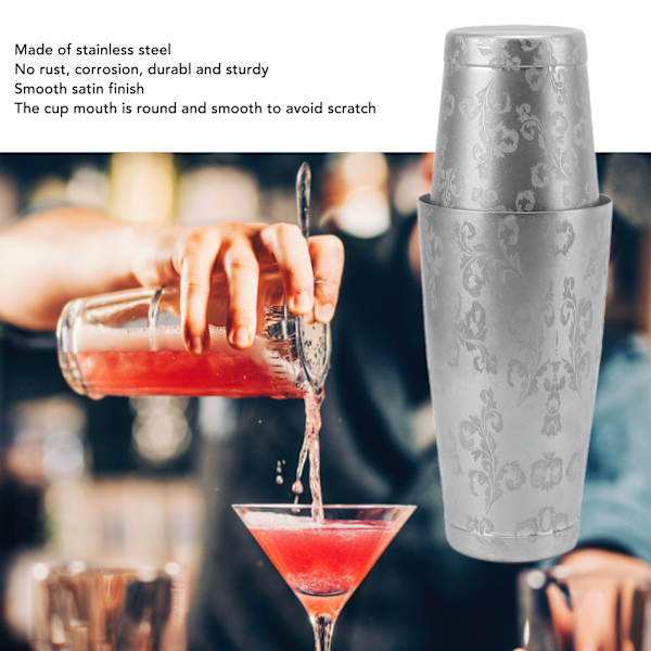 304 Rostfritt Stål Boston Shaker Med Etsad Design, Professionell Bartenderutrustning Anti-Korrosions Cocktail Shaker Set Ovägd Shaker Tin För