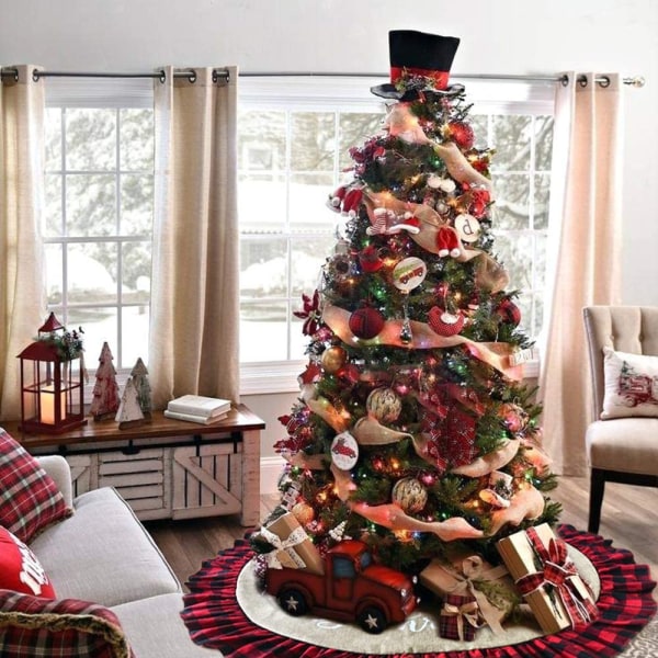 48 Inch Christmas Tree Skirt Linen Burlap Buffalo Plaid Edge