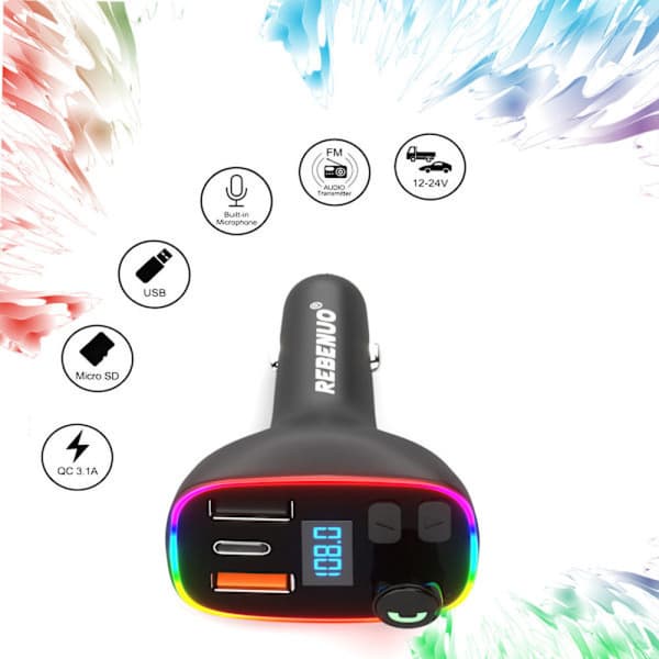 Rebenuo RCP75 FM-sender med hurtig biloplader - 20W, Bluetooth 5.0, Sort