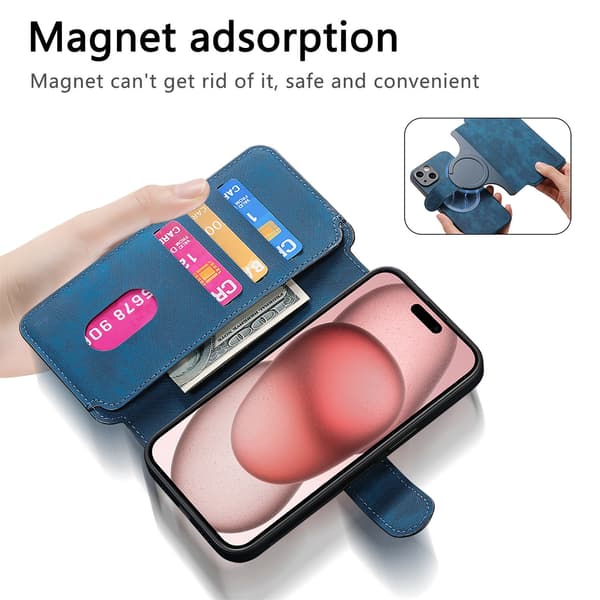 Magnetisk avtakbart flip-telefondeksel med RFID-beskyttelse, multifunksjonell kortholder og stativ; kompatibel med iPhone 16 Pro Max blue