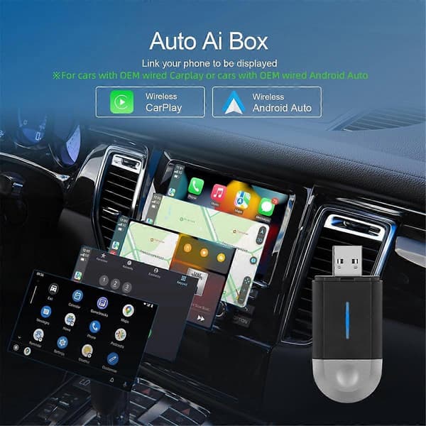 2-in-1 langaton CarPlay-sovitin Android Auto -langaton sovitin, autoadapteri muuntaa langallisen langattomaksi, Type-C/USB