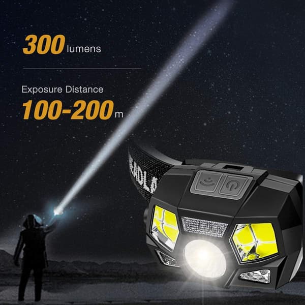 Hodelykter, 300 Lumen LED Oppladbar USB Kraftig Hodelykt, 5 Lysmoduser, Vanntett IPX4 med Bevegelsessensor for Løping Camping Sykling
