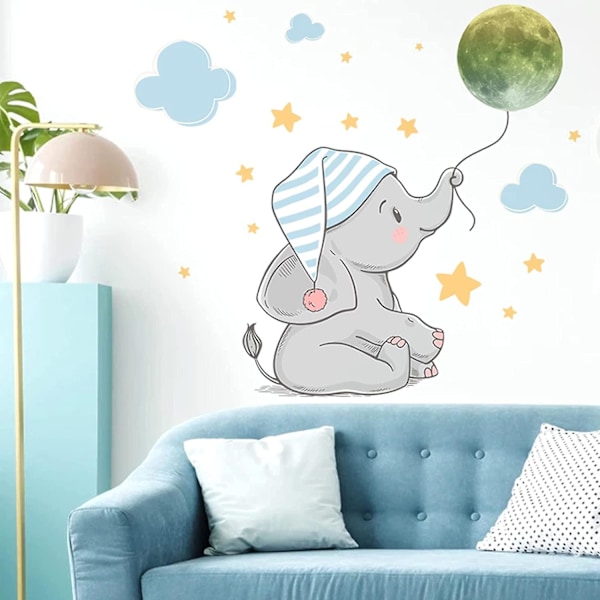 Söta elefantväggdekaler med nattmössa, lysande månväggdekaler, molnstjärna tecknade väggdekorationer, avtagbar DIY konstväggmålning för