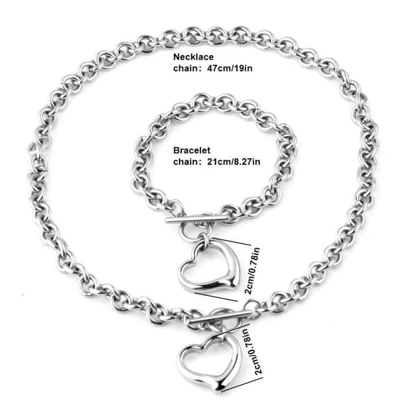 Sølv Hjertekæde Halskæde + Hjerte Armbånd til Kvinder Piger Hjerte Vedhæng Toggle Charm Smykkesæt Rustfrit Stål