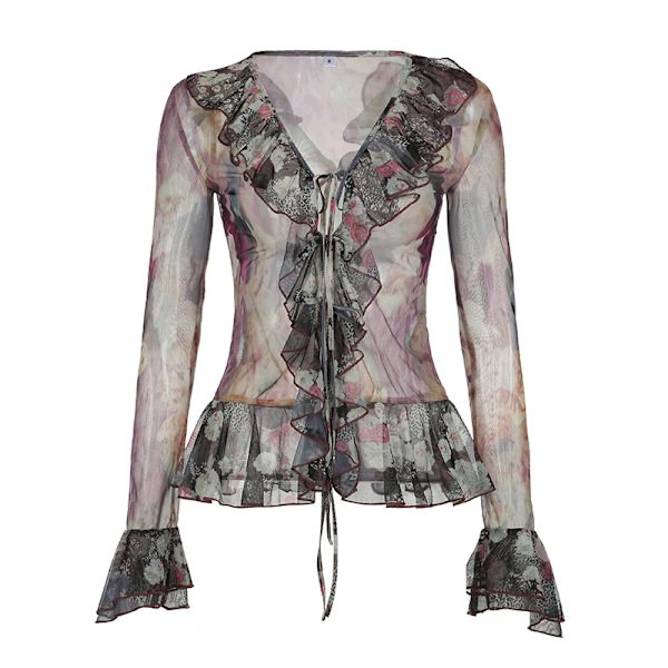 Retro Blomster Patchwork Gennemsigtig Kunstnerisk Gradient-Printet Flæset Bindebånds Tulle Bluse M