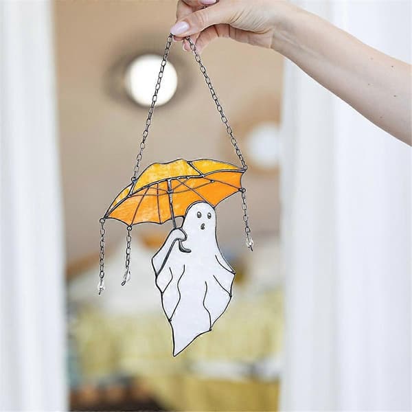 Rolig Halloween-spöke med paraply, målat solfångare Halloween-dekor, väggsolfångare
