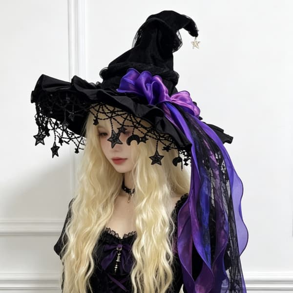 Halloween häxhatt med bred brätte spets, lämplig för semesterfester, kostymfester, maskeradfester, rollspel, etc. lila purple