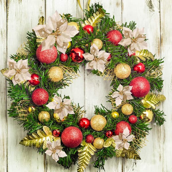 Set med 16 dekorativa blommor för julgran, med glitter, guld