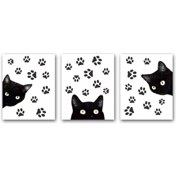 Set med 3 djurkatt väggkonsttryck, rolig affisch med svart katt