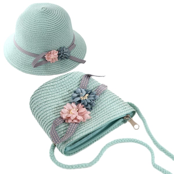 Solhatt, Söt Flickor Stråhatt Solhatt Axelväska Handväska 2st Set för Tur Sommar Blommig Strandhattar för Fest Utomhus Barnstorlek Mint Green