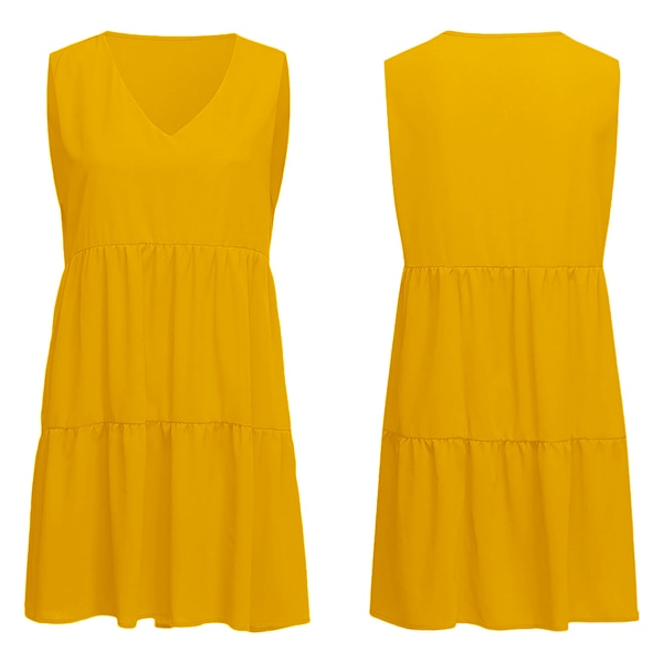 Sommarklänning för kvinnor, tunika, V-ringad, ledig, lös, böljande swingklänning B: Yellow X-Large