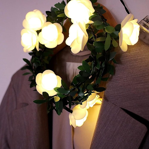Rosgirlang med älvljus Batteridriven Vit Blomma Älvljus Gröna Blad Högtidsbelysning Fest Fönster Trädgårdsdekoration Blomgirlang