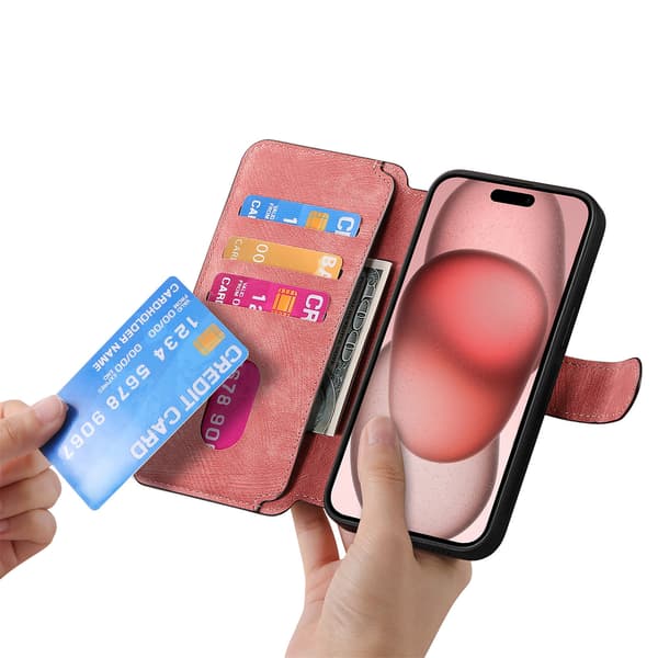 Magnetisk avtakbart flip-telefondeksel med RFID-beskyttelse, multifunksjonell kortholder og stativ; kompatibel med iPhone 16 Pro Max pink