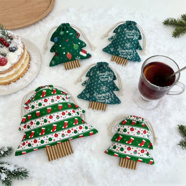 2-delt juletræsformet gavepose med snoretræk, slikpose, stofopbevaringspose, gaveindpakningspose til julefrokost stil 2 stye 2