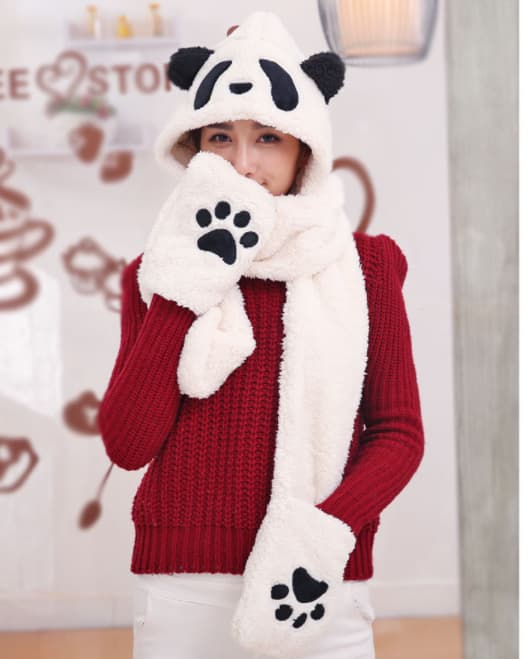 Vinter Panda Lue Skjerf Hanske Sett for Kvinner, Varm Dame Siamese Hettegenser