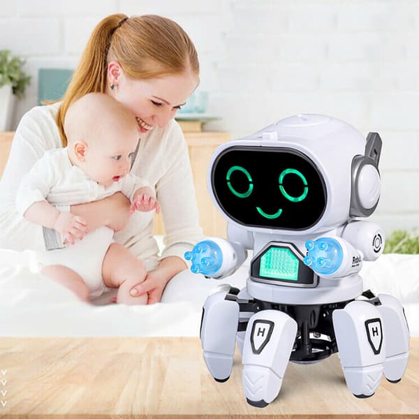 Musikk og dansende hexapod-robot, LED-øyne, med diskolys og dansemusikk, universalhjul, interaktiv og lærerik, egnet for gutter og